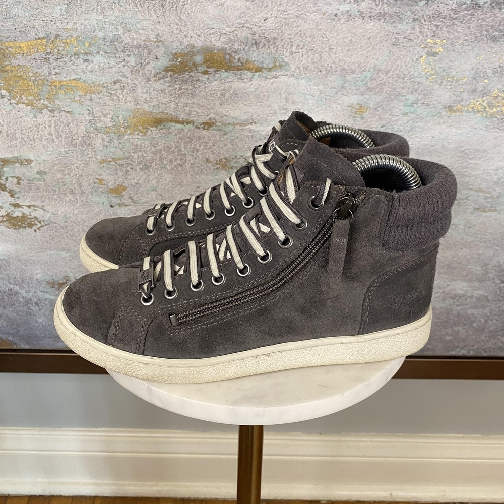 UGG Shoes Womens Size 7 Gray Suede High Top Sneakers Zipper Lace Up 1094789